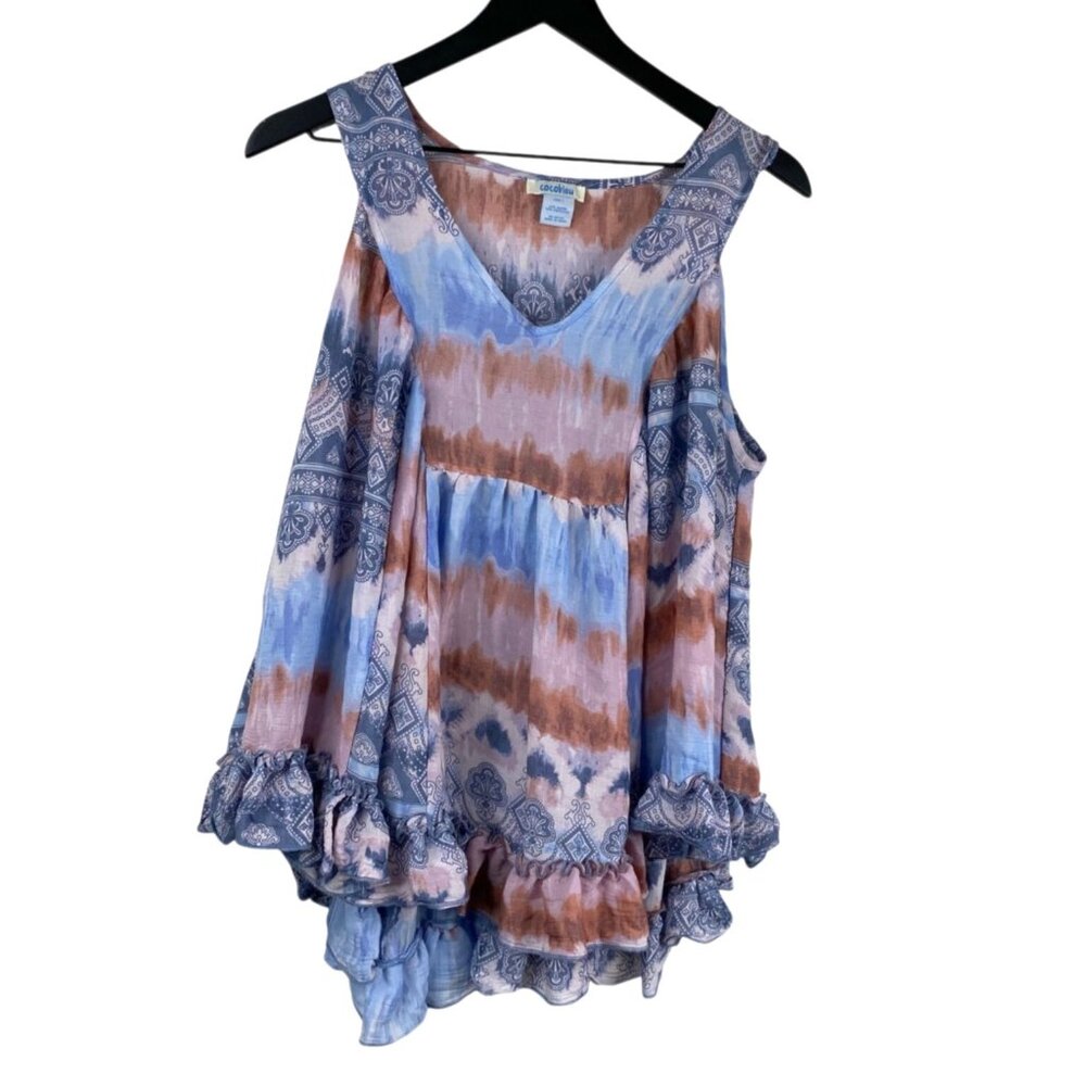 Cocobleu Top Women's Blue Sz L Sleeveless Flouncy Ruffle Hem Watercolor Boho